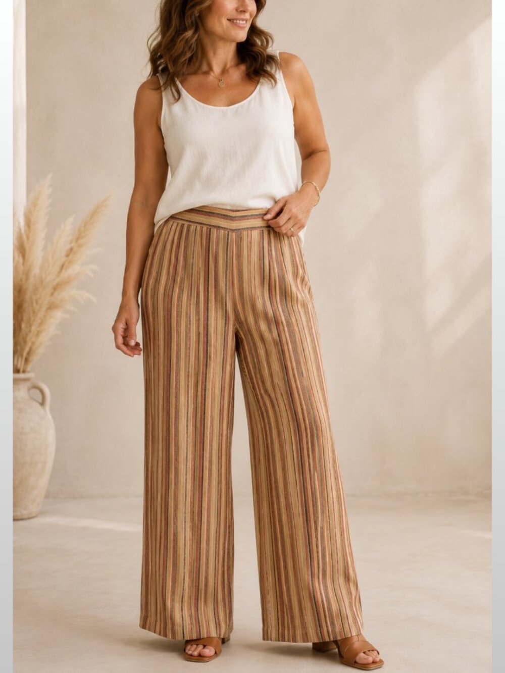 Coldwater Creek Sunset Multi Stripe Linen Blend Wide Leg Pants PXL Coastal NWT
